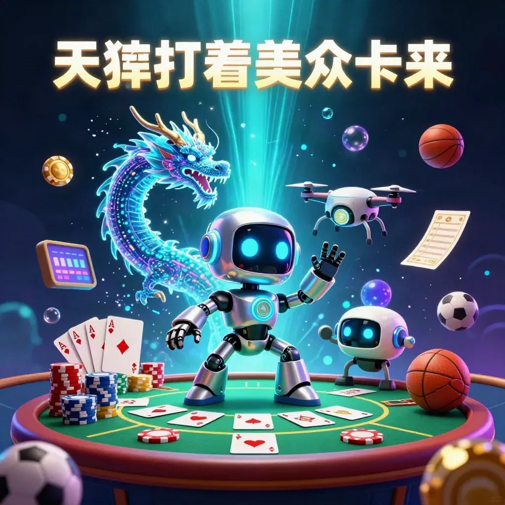 Robot cyberpunk, naga holografik, dan drone koin di meja kasino emas dengan efek neon dramatis.