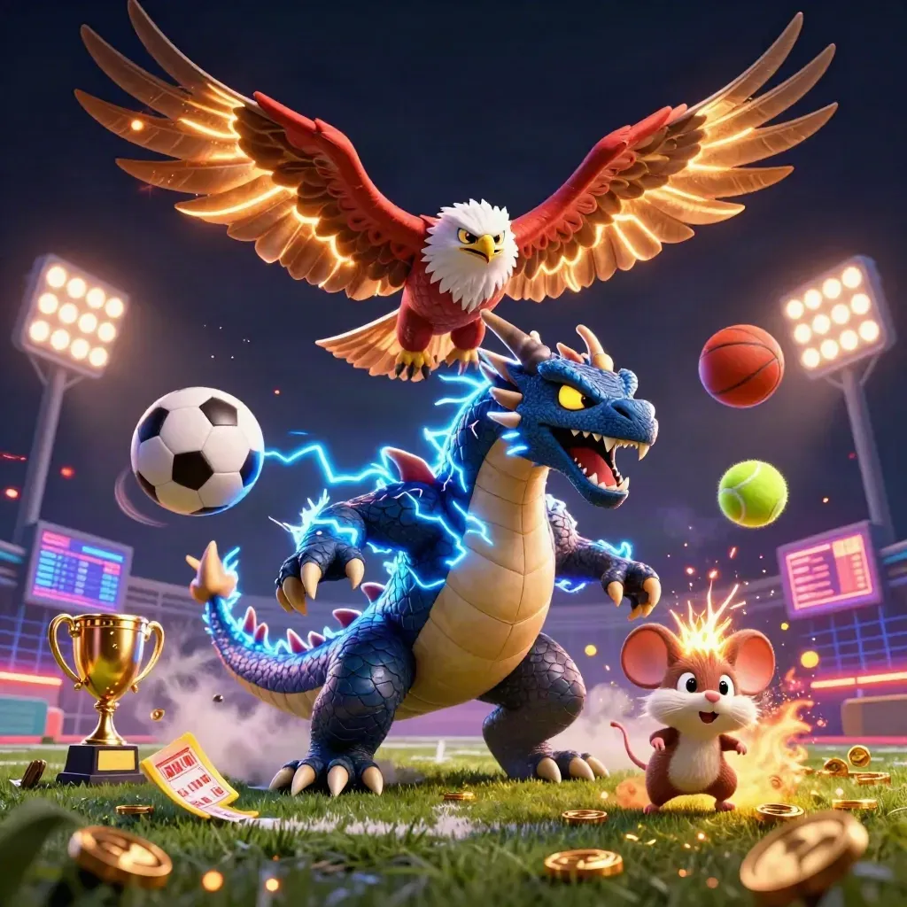 Naga petir, elang, dan tikus kecil di antara bola, koin, dan cahaya stadion neon.