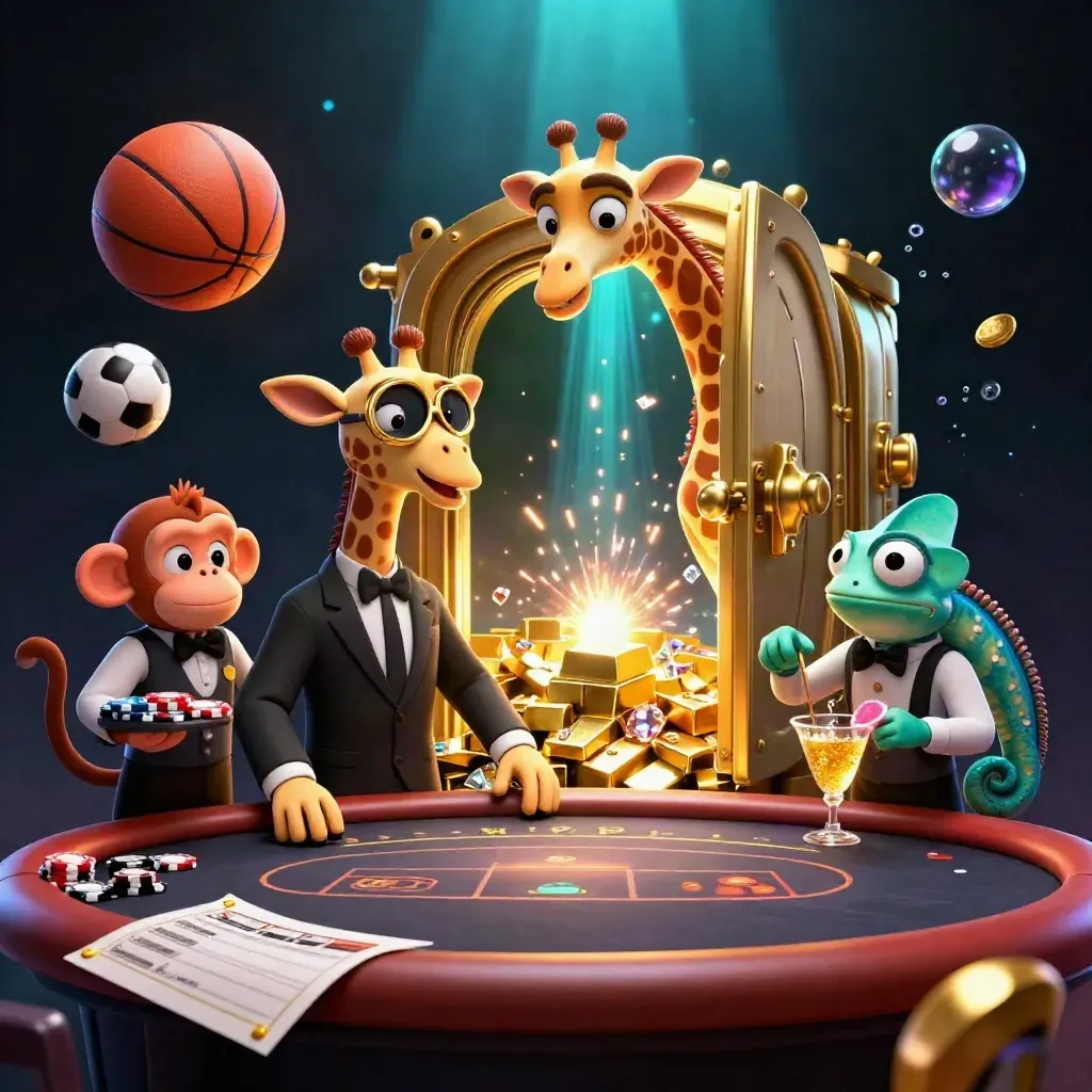 Jerapah, monyet, dan bunglon kasino di meja poker, bola basket, emas, dan cahaya neon