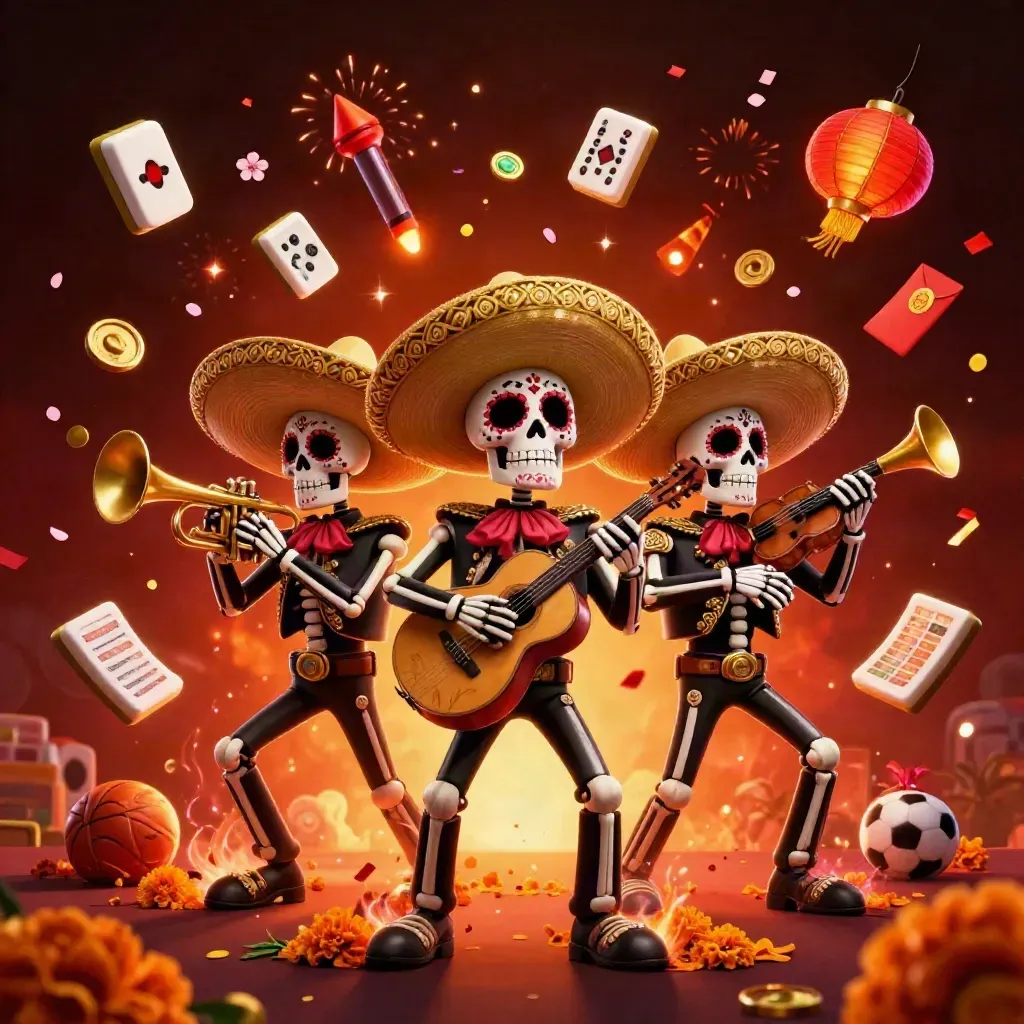 Tiga skeleton mariachi dikelilingi ubin mahjong, lentera, bola, dan cahaya kasino neon.