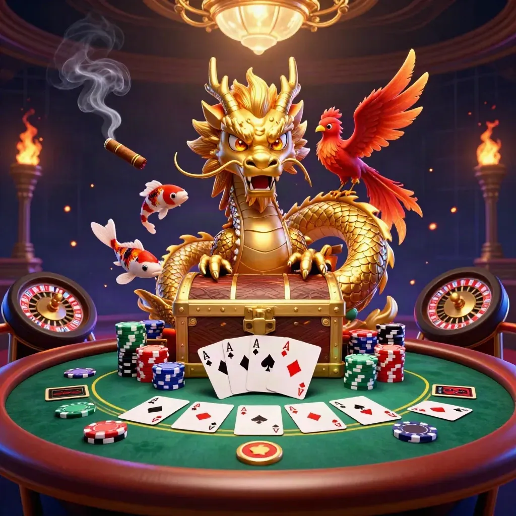 Naga emas 3D di meja kasino, dengan phoenix, koi, kartu, chip, dan cahaya neon mewah.