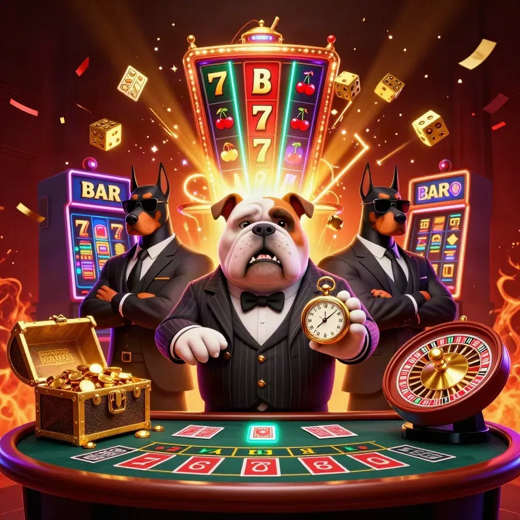 Bulldog bos mafia dan dua Doberman di ruang kasino mewah, dikelilingi slot, emas, dan efek api.