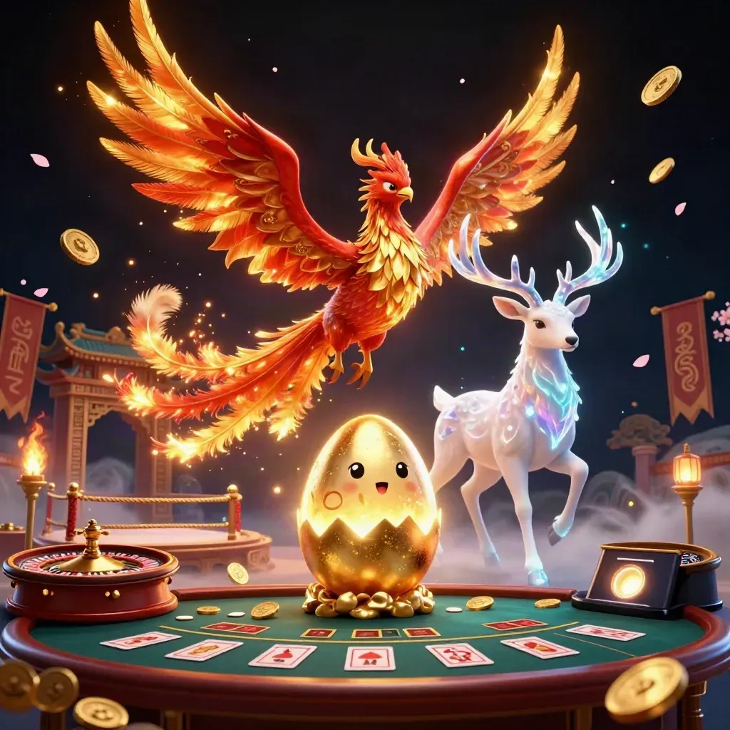 Phoenix, rusa kristal, dan bayi phoenix di kasino mewah dengan cahaya emas merah.