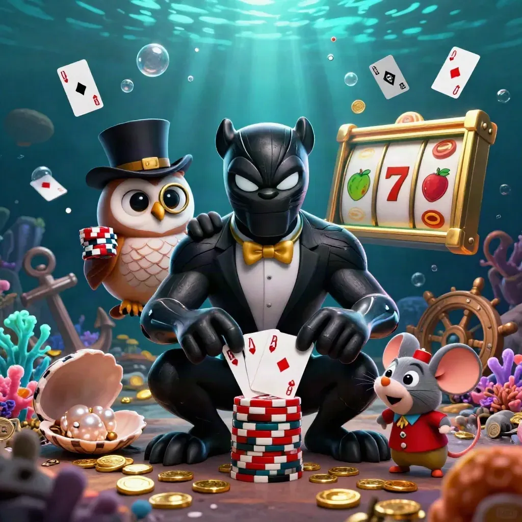 Panther tuxedo, burung hantu, dan tikus hoki di bawah laut penuh koin emas dan cahaya cyan.